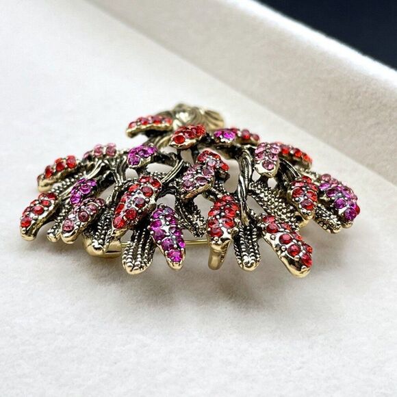 Yellow Gold with Ruby and Pink Sapphire Crystal Blooming Tree Pin Back Brooch - Picture 6 of 9